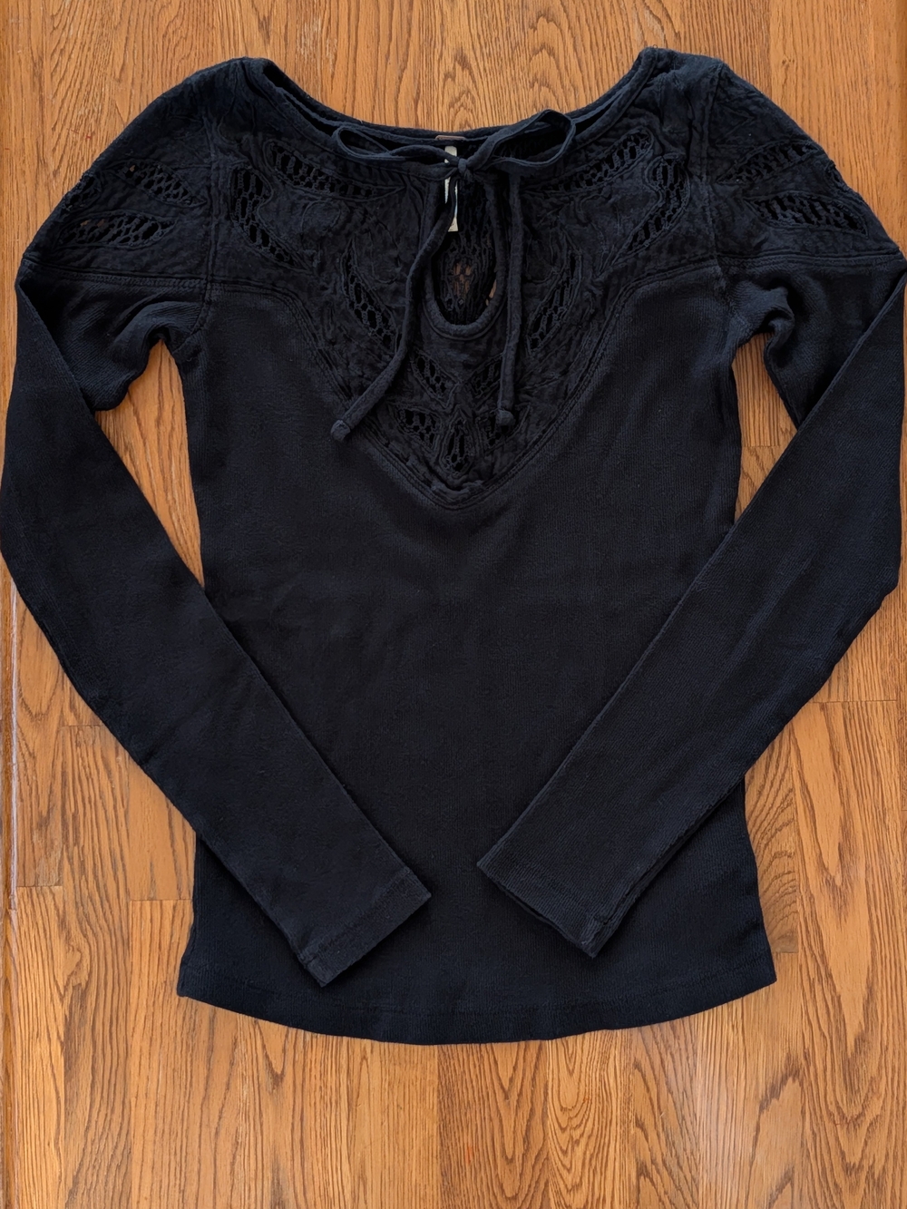 Free People Black Long Sleeve Fitted Crochet Detail Tie Front Fitted Shirt